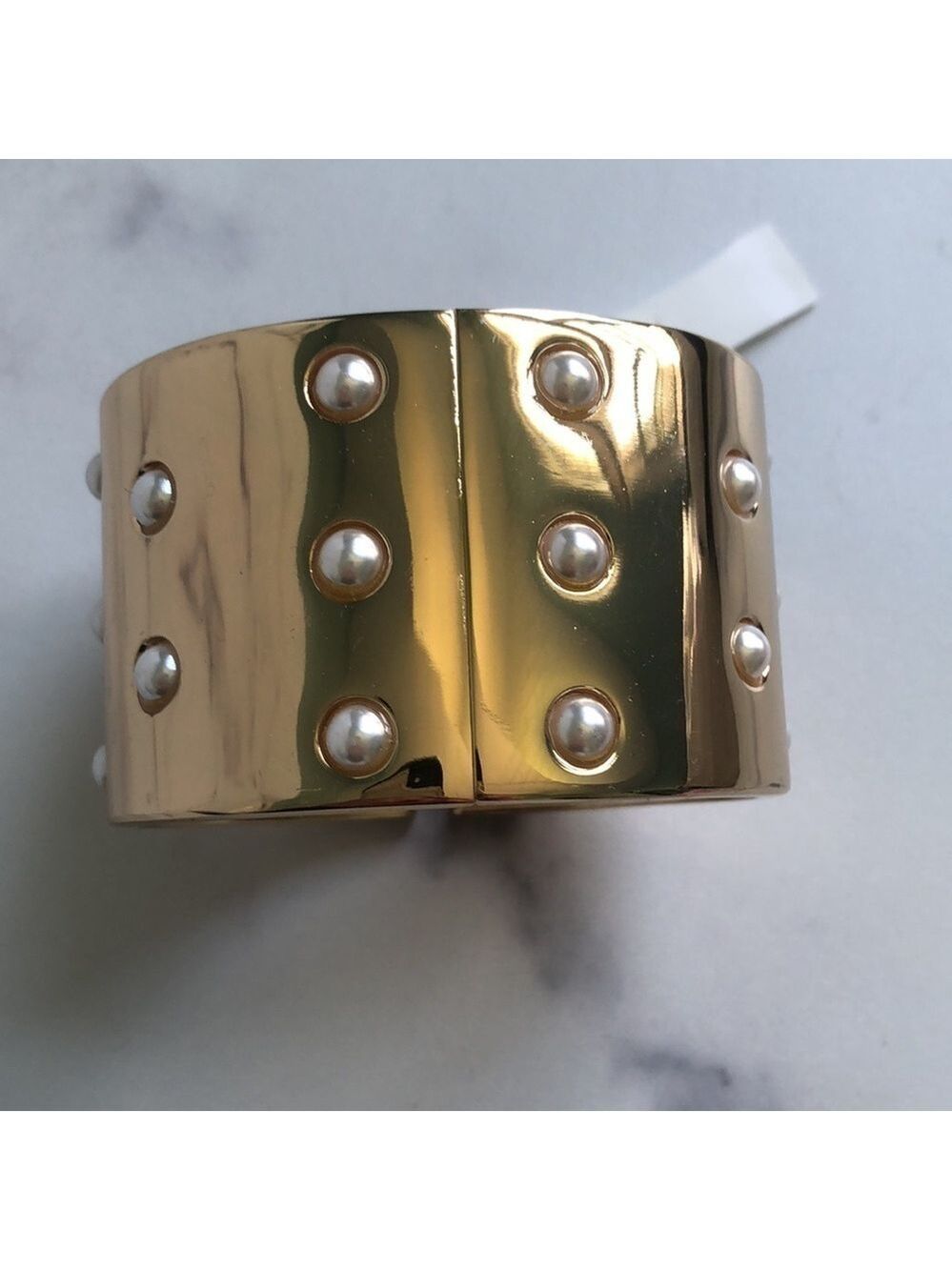 Aqua by Bloomingdales Gold Tone Wide Cuff Bracelet With Pearl Accents NWT